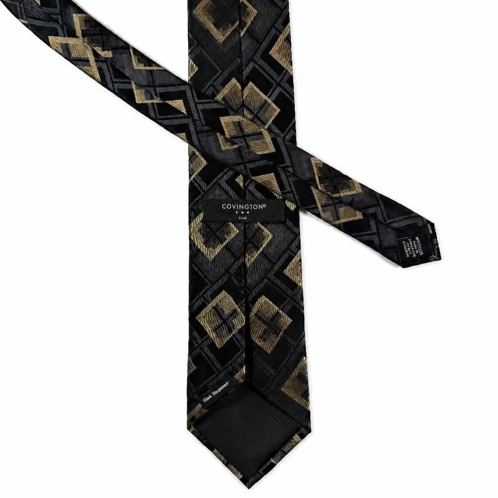 Covington Silk Tie Mens Black Gold Silver Geometric Square Diamond Stain Resist